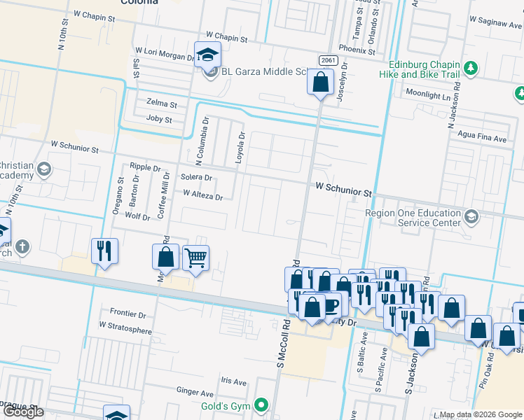map of restaurants, bars, coffee shops, grocery stores, and more near 3202 West Alteza Drive in Edinburg
