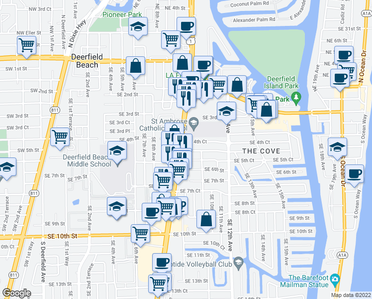 map of restaurants, bars, coffee shops, grocery stores, and more near 500 South Federal Highway in Deerfield Beach