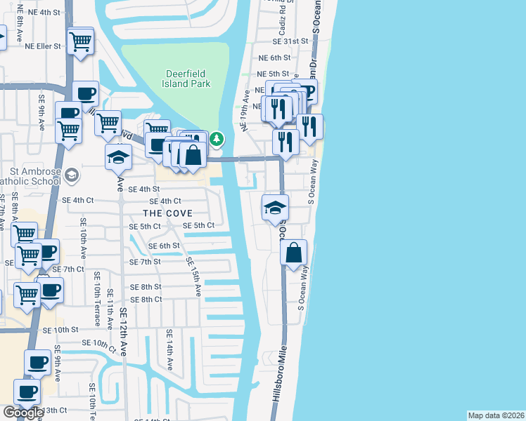 map of restaurants, bars, coffee shops, grocery stores, and more near 332 Southeast 18th Avenue in Deerfield Beach