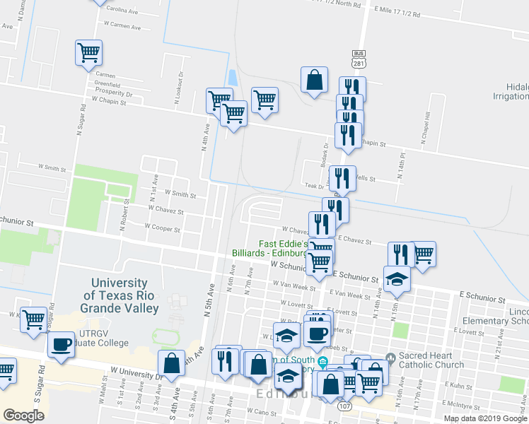 map of restaurants, bars, coffee shops, grocery stores, and more near 407 West Pirul Street in Edinburg