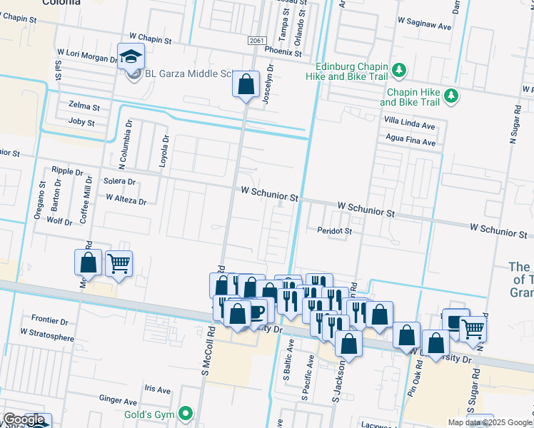 map of restaurants, bars, coffee shops, grocery stores, and more near 2809 Anacua Drive in Edinburg