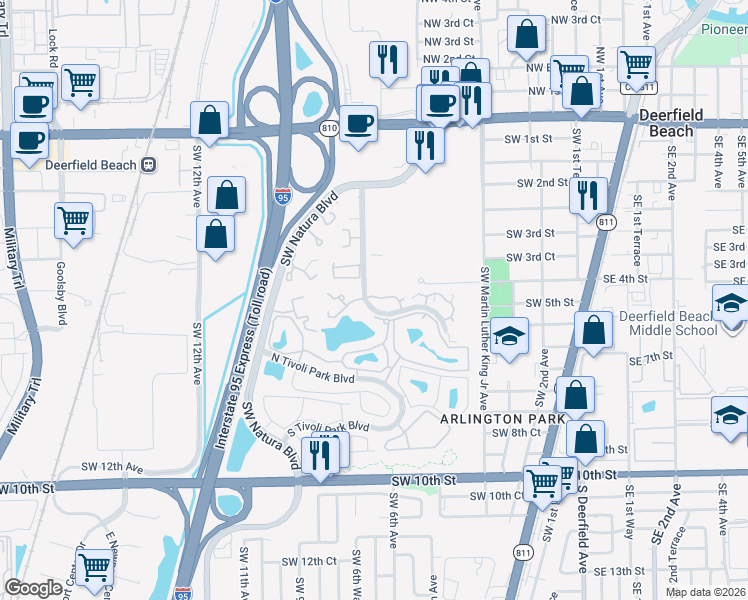 map of restaurants, bars, coffee shops, grocery stores, and more near 412 Southwest Natura Avenue in Deerfield Beach