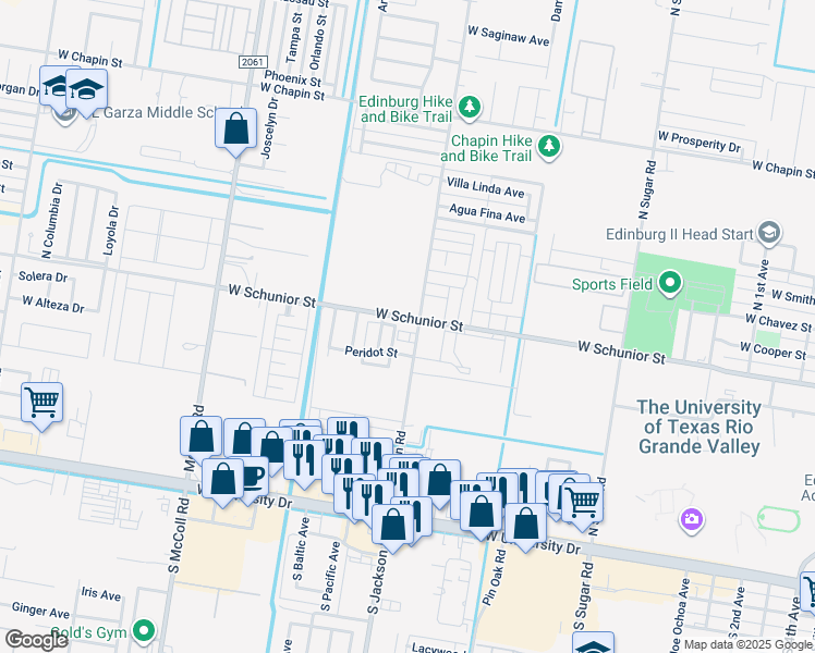 map of restaurants, bars, coffee shops, grocery stores, and more near 4402 West Schunior Street in Edinburg