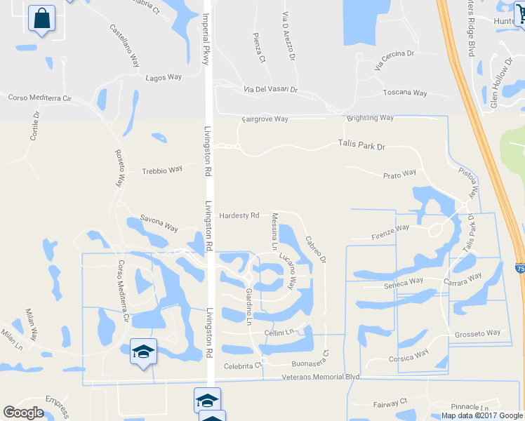 map of restaurants, bars, coffee shops, grocery stores, and more near 16795 Messina Lane in Naples