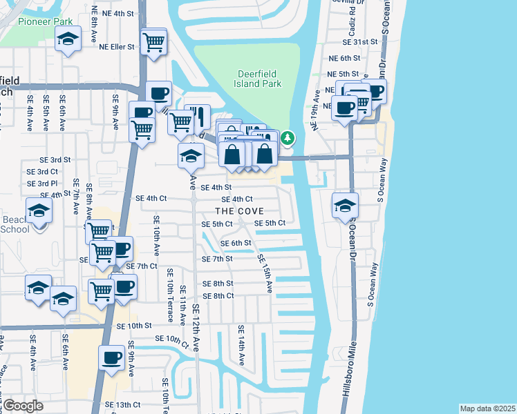 map of restaurants, bars, coffee shops, grocery stores, and more near 1597 Southeast 5th Street in Deerfield Beach