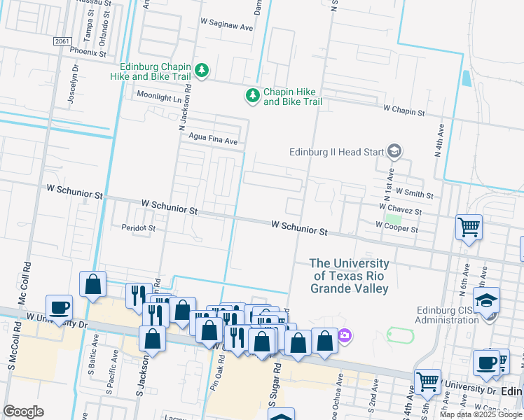 map of restaurants, bars, coffee shops, grocery stores, and more near 3524 West Schunior Street in Edinburg