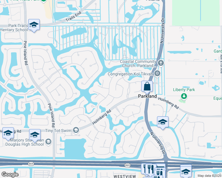 map of restaurants, bars, coffee shops, grocery stores, and more near 6512 Northwest 99th Avenue in Parkland
