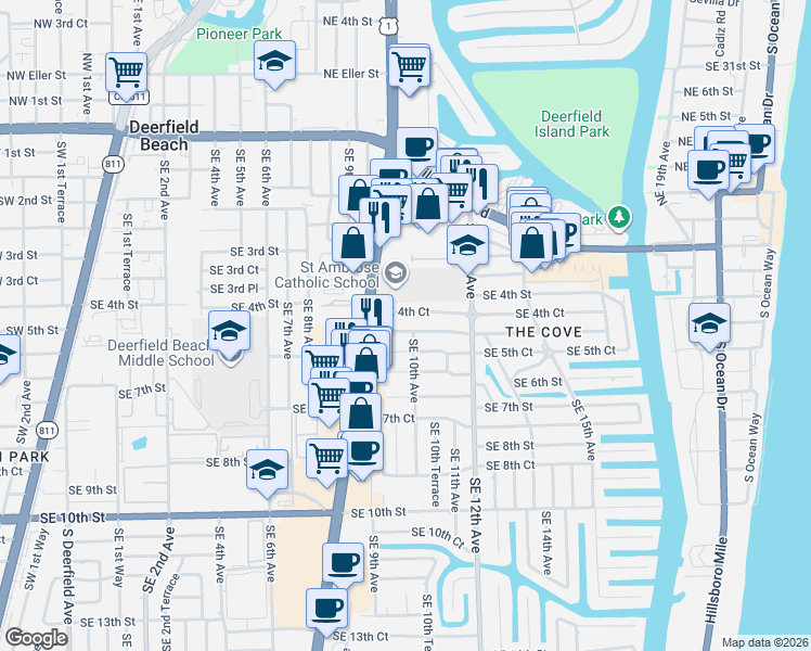 map of restaurants, bars, coffee shops, grocery stores, and more near 1004 Southeast 5th Street in Deerfield Beach