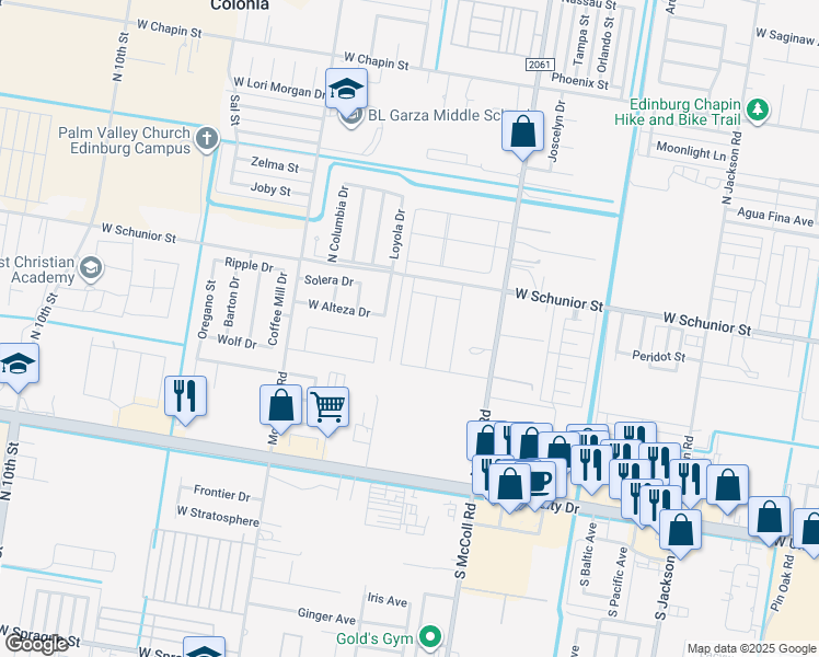 map of restaurants, bars, coffee shops, grocery stores, and more near 3202 West Alteza Drive in Edinburg