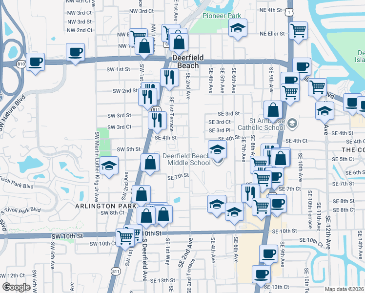 map of restaurants, bars, coffee shops, grocery stores, and more near 411 Southwest 2nd Avenue in Deerfield Beach