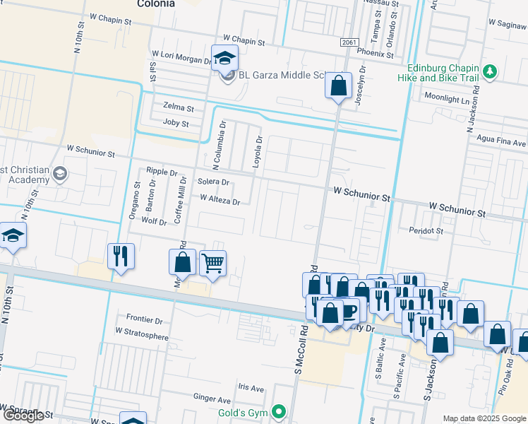 map of restaurants, bars, coffee shops, grocery stores, and more near 510 Amber Drive in Edinburg