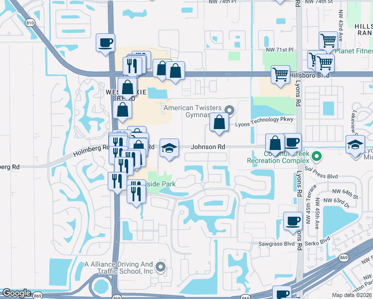 map of restaurants, bars, coffee shops, grocery stores, and more near 5149 Heron Place in Coconut Creek