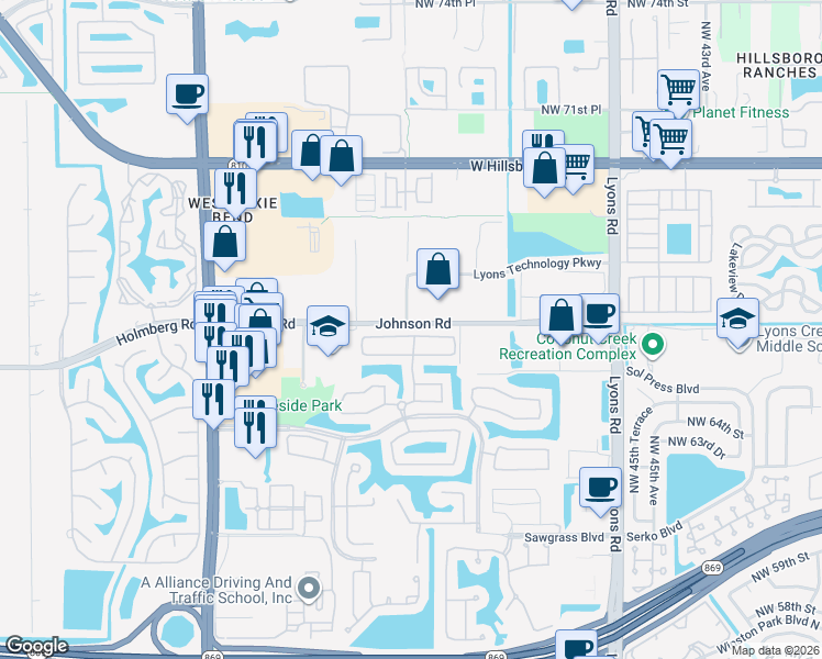 map of restaurants, bars, coffee shops, grocery stores, and more near 5101 Heron Place in Coconut Creek