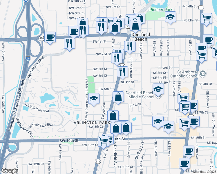 map of restaurants, bars, coffee shops, grocery stores, and more near 171 Southwest 5th Street in Deerfield Beach
