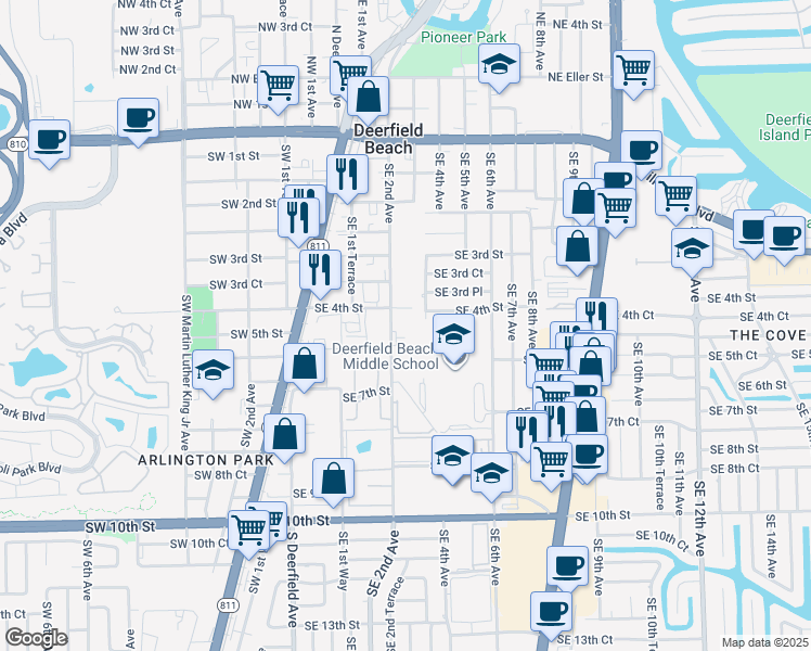 map of restaurants, bars, coffee shops, grocery stores, and more near 440 Southeast 2nd Avenue in Deerfield Beach