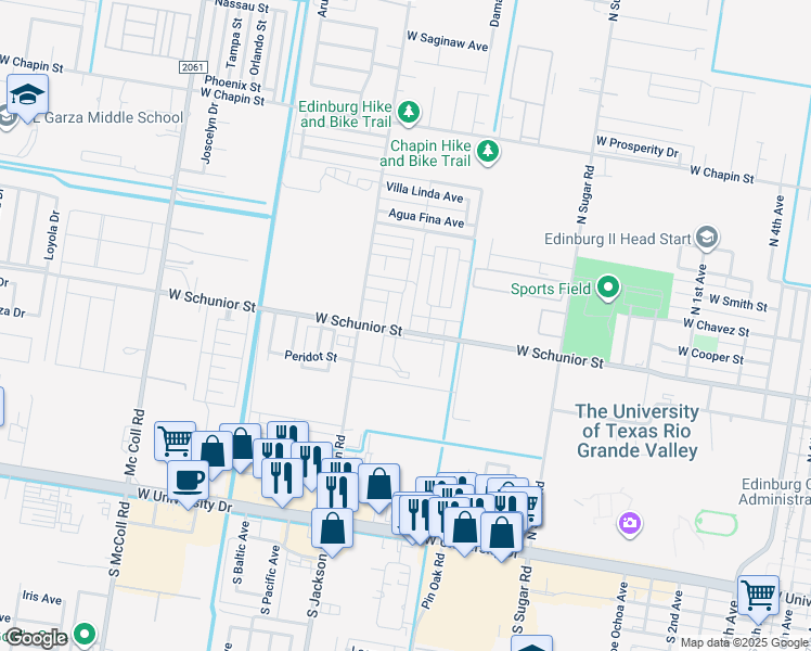 map of restaurants, bars, coffee shops, grocery stores, and more near 805 Russian Avenue in Edinburg