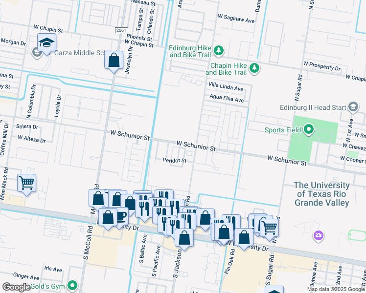map of restaurants, bars, coffee shops, grocery stores, and more near 4402 West Schunior Street in Edinburg