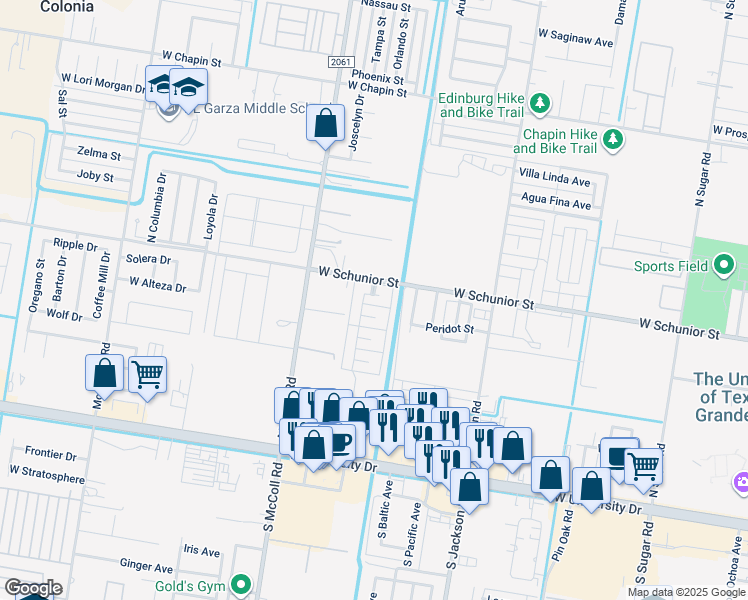 map of restaurants, bars, coffee shops, grocery stores, and more near 2500 Fatima Avenue in Edinburg