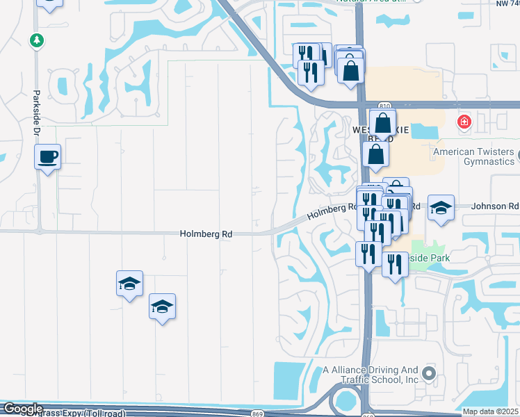 map of restaurants, bars, coffee shops, grocery stores, and more near 6580 Northwest 62nd Terrace in Parkland