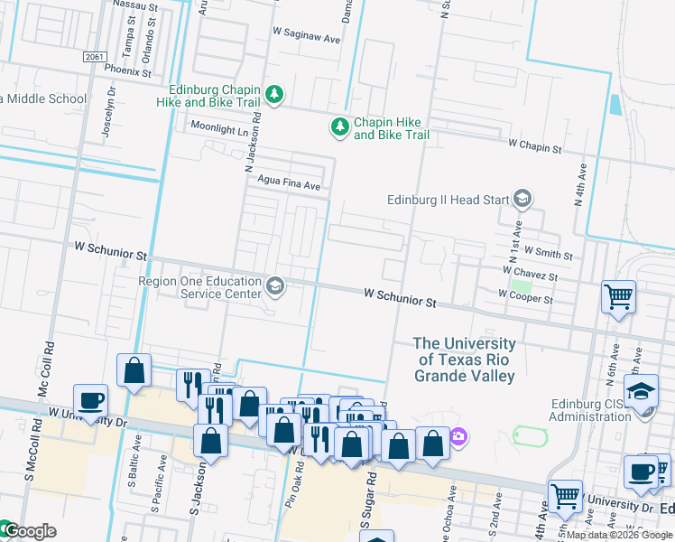 map of restaurants, bars, coffee shops, grocery stores, and more near 1609 West Schunior Street in Edinburg