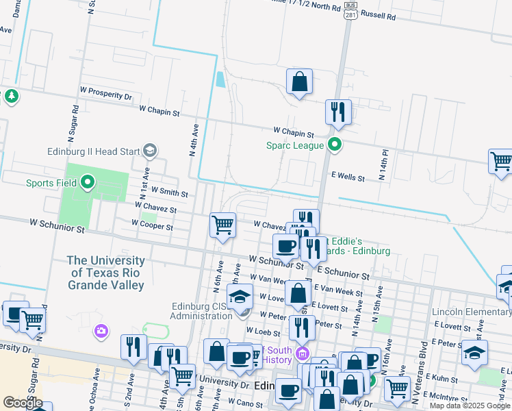 map of restaurants, bars, coffee shops, grocery stores, and more near 406 North Lotto Lane in Edinburg