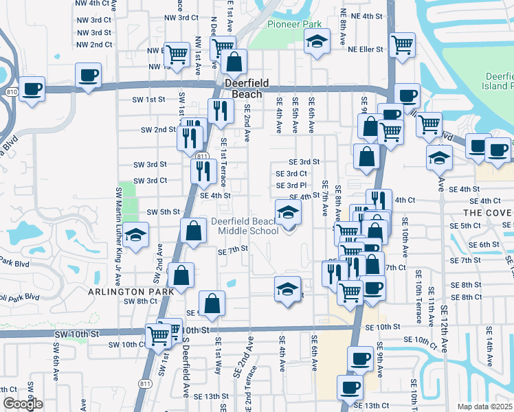 map of restaurants, bars, coffee shops, grocery stores, and more near 440 Southeast 2nd Avenue in Deerfield Beach