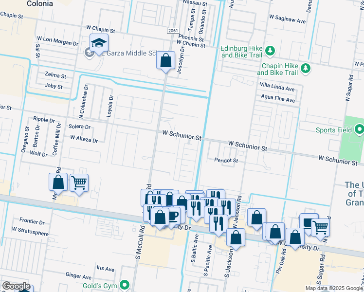 map of restaurants, bars, coffee shops, grocery stores, and more near 703 La Mancha Drive in Edinburg