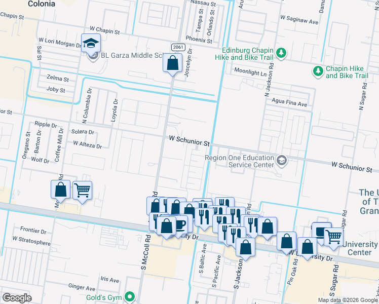 map of restaurants, bars, coffee shops, grocery stores, and more near 703 La Mancha Drive in Edinburg
