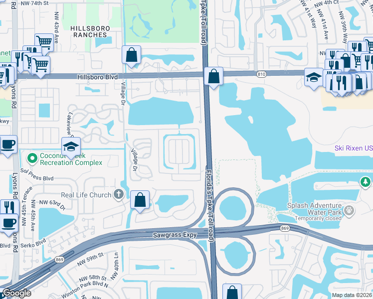 map of restaurants, bars, coffee shops, grocery stores, and more near 6535 Northwest 34th Avenue in Coconut Creek