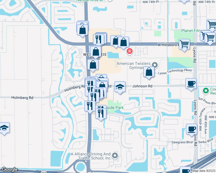 map of restaurants, bars, coffee shops, grocery stores, and more near 5490 Johnson Road in Coconut Creek