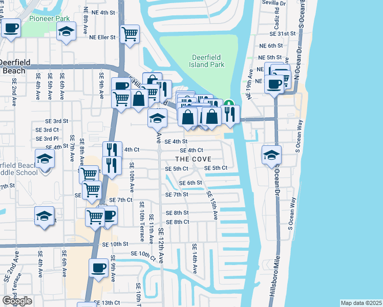 map of restaurants, bars, coffee shops, grocery stores, and more near in Deerfield Beach