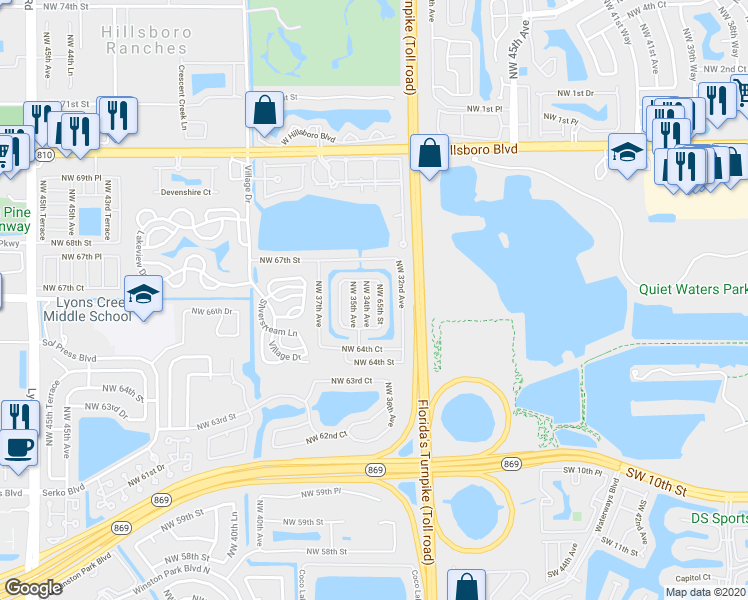 map of restaurants, bars, coffee shops, grocery stores, and more near 6535 Northwest 34th Avenue in Coconut Creek