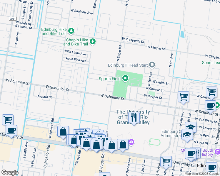 map of restaurants, bars, coffee shops, grocery stores, and more near 1607 West Schunior Street in Edinburg