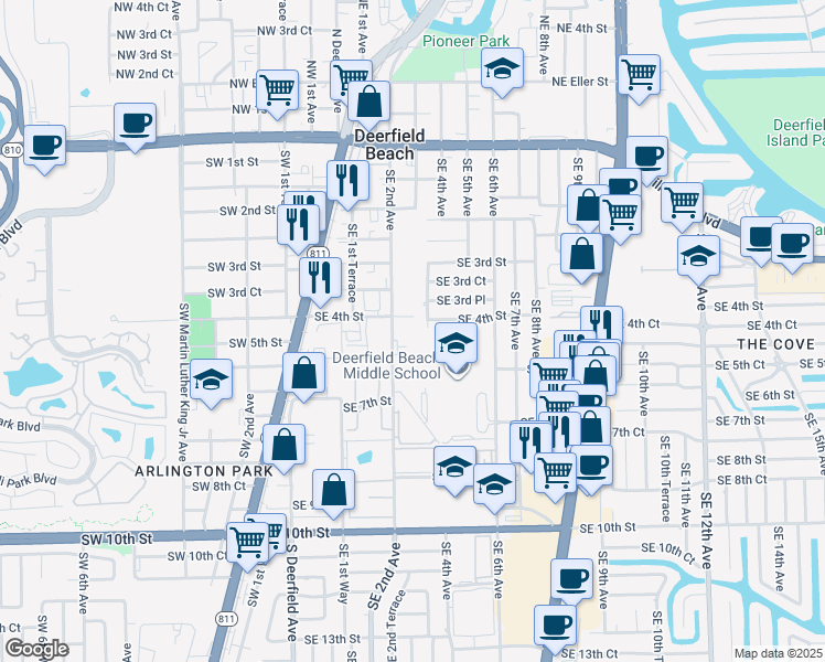 map of restaurants, bars, coffee shops, grocery stores, and more near 440 Southeast 2nd Avenue in Deerfield Beach
