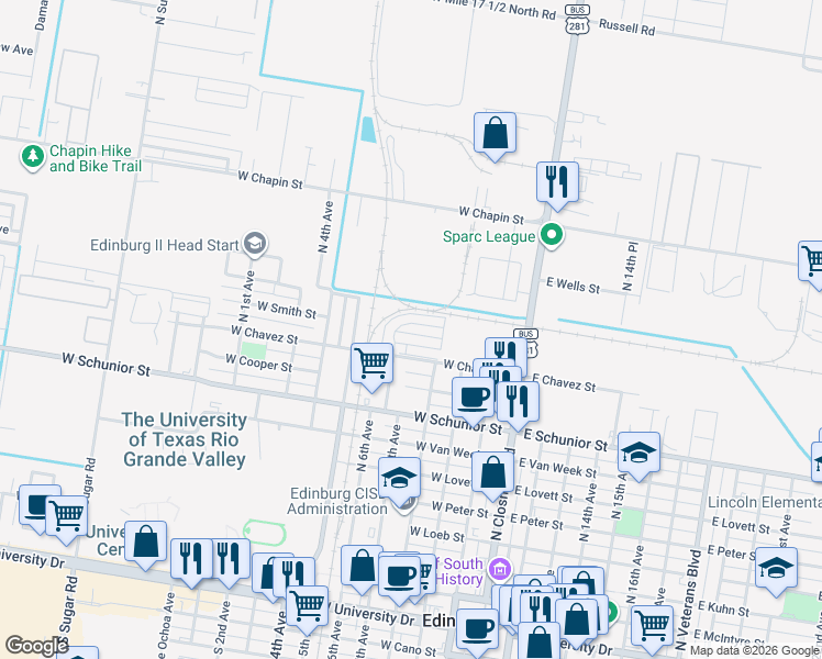 map of restaurants, bars, coffee shops, grocery stores, and more near 407 West Pirul Street in Edinburg