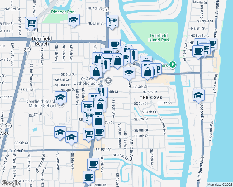 map of restaurants, bars, coffee shops, grocery stores, and more near 1004 Southeast 5th Street in Deerfield Beach