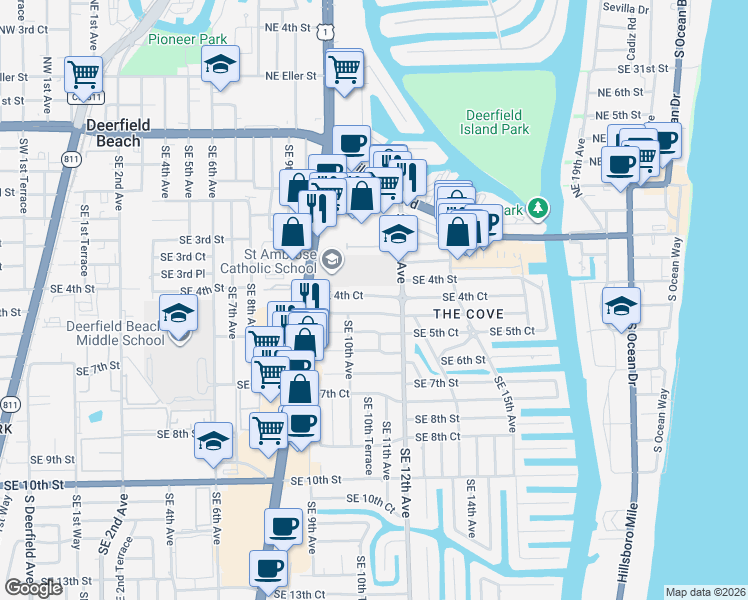 map of restaurants, bars, coffee shops, grocery stores, and more near 1004 Southeast 5th Street in Deerfield Beach