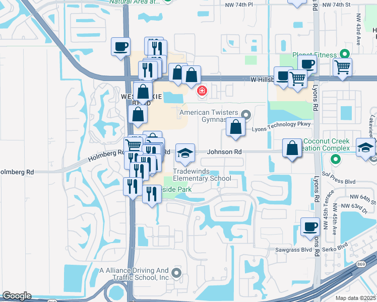 map of restaurants, bars, coffee shops, grocery stores, and more near 5301 Johnson Road in Coconut Creek