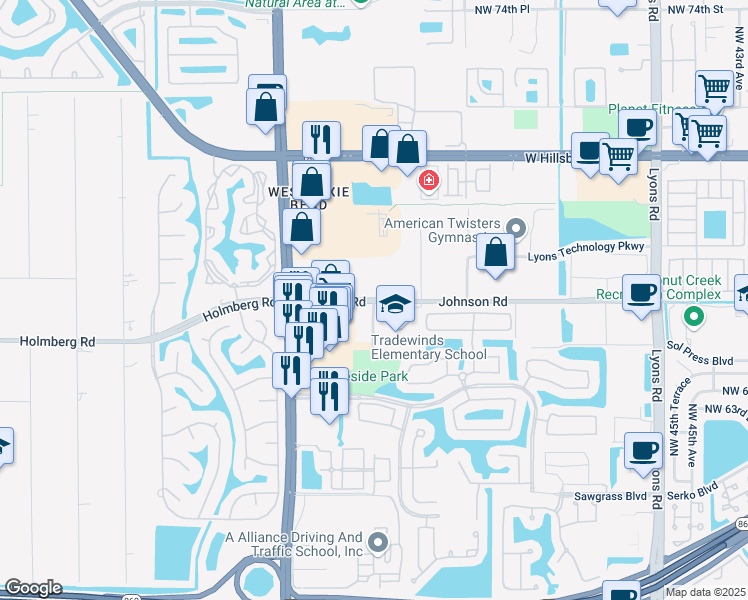 map of restaurants, bars, coffee shops, grocery stores, and more near 5490 Johnson Road in Coconut Creek