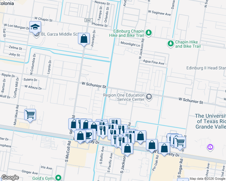 map of restaurants, bars, coffee shops, grocery stores, and more near 703 Jasper Street in Edinburg
