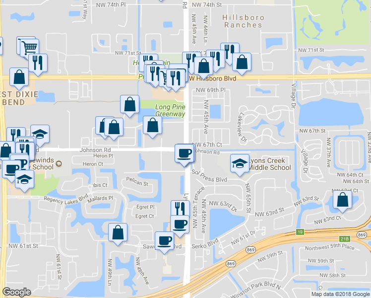 map of restaurants, bars, coffee shops, grocery stores, and more near 5301 Johnson Road in Coconut Creek