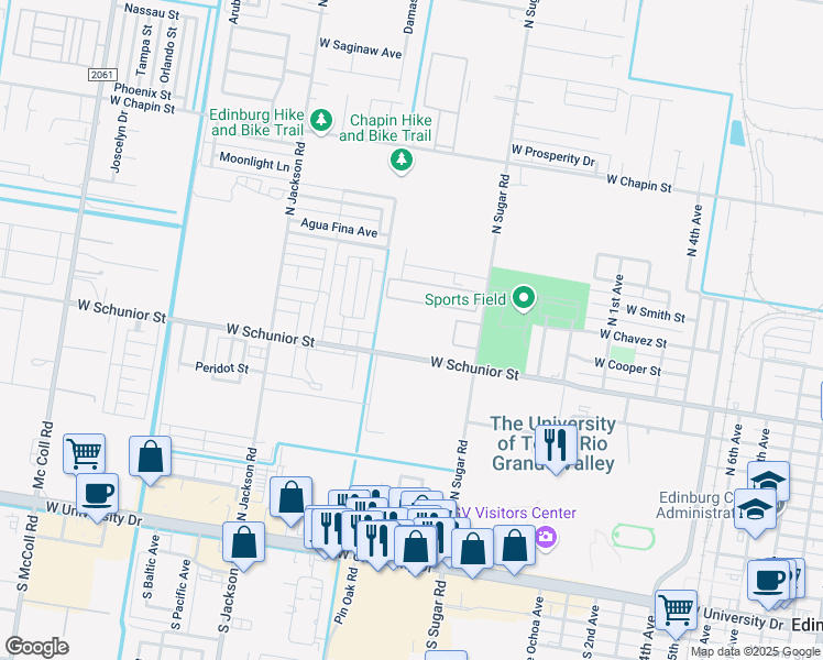 map of restaurants, bars, coffee shops, grocery stores, and more near 1709 West Schunior Street in Edinburg