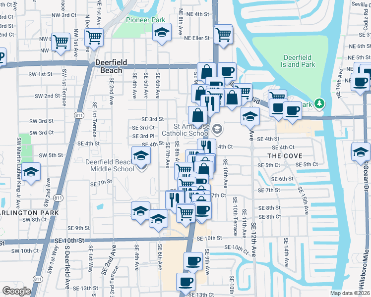 map of restaurants, bars, coffee shops, grocery stores, and more near 501 Southeast 8th Avenue in Deerfield Beach