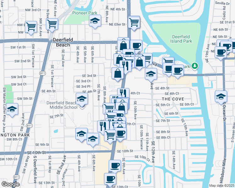 map of restaurants, bars, coffee shops, grocery stores, and more near 455 South Federal Highway in Deerfield Beach