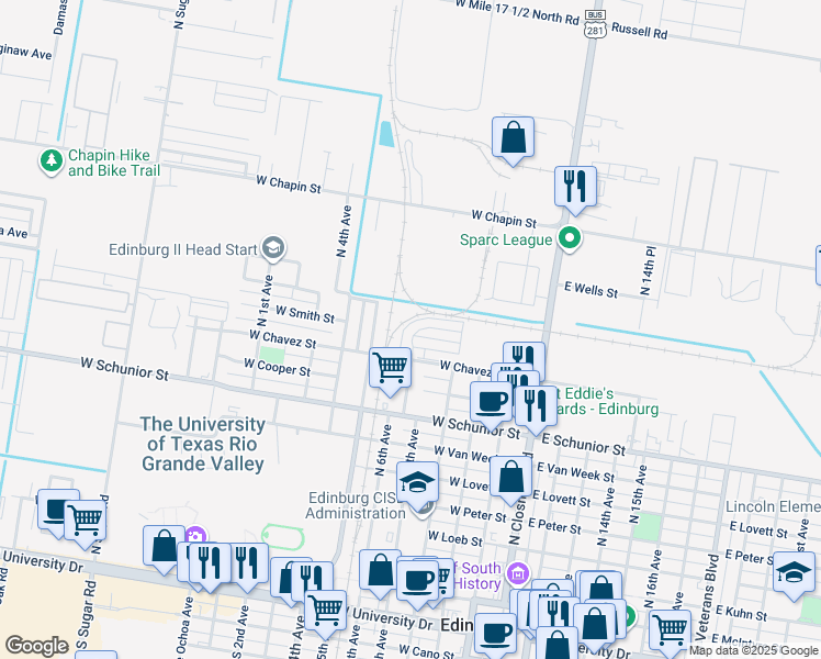 map of restaurants, bars, coffee shops, grocery stores, and more near 519 North Lotto Lane in Edinburg
