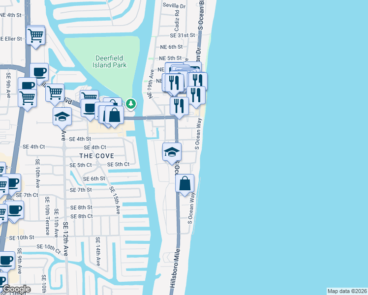 map of restaurants, bars, coffee shops, grocery stores, and more near 330 South Ocean Drive in Deerfield Beach
