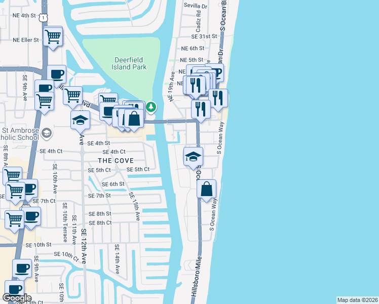 map of restaurants, bars, coffee shops, grocery stores, and more near 332 Southeast 18th Avenue in Deerfield Beach