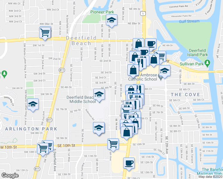 map of restaurants, bars, coffee shops, grocery stores, and more near 500 Southeast 6th Avenue in Deerfield Beach