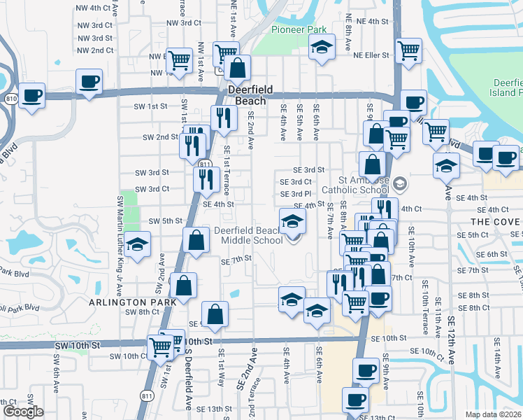 map of restaurants, bars, coffee shops, grocery stores, and more near 440 Southeast 2nd Avenue in Deerfield Beach