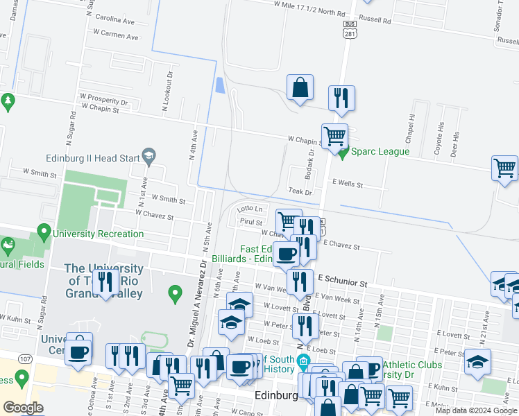 map of restaurants, bars, coffee shops, grocery stores, and more near 407 West Pirul Street in Edinburg